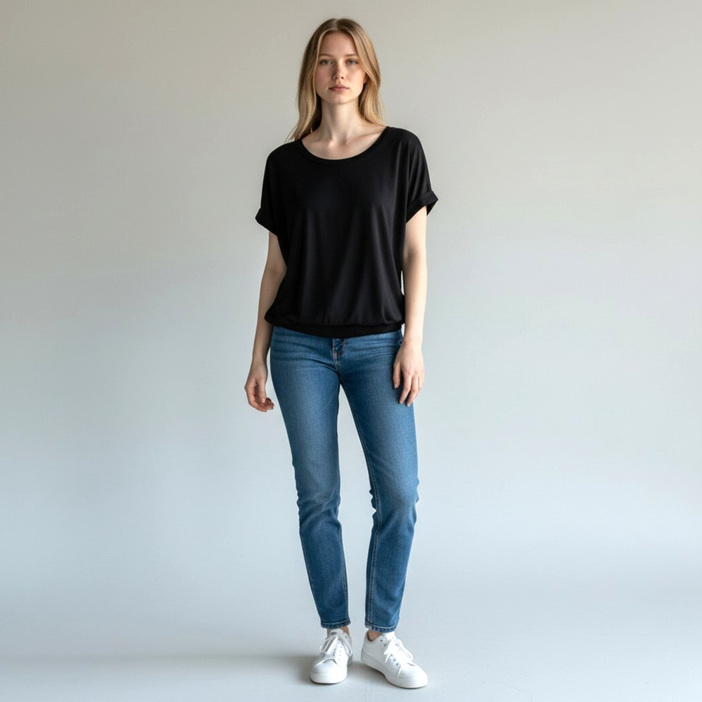 NWT Soya Concept Black Scoop Neck Rolled Short Sleeve Top #1770 Size XS